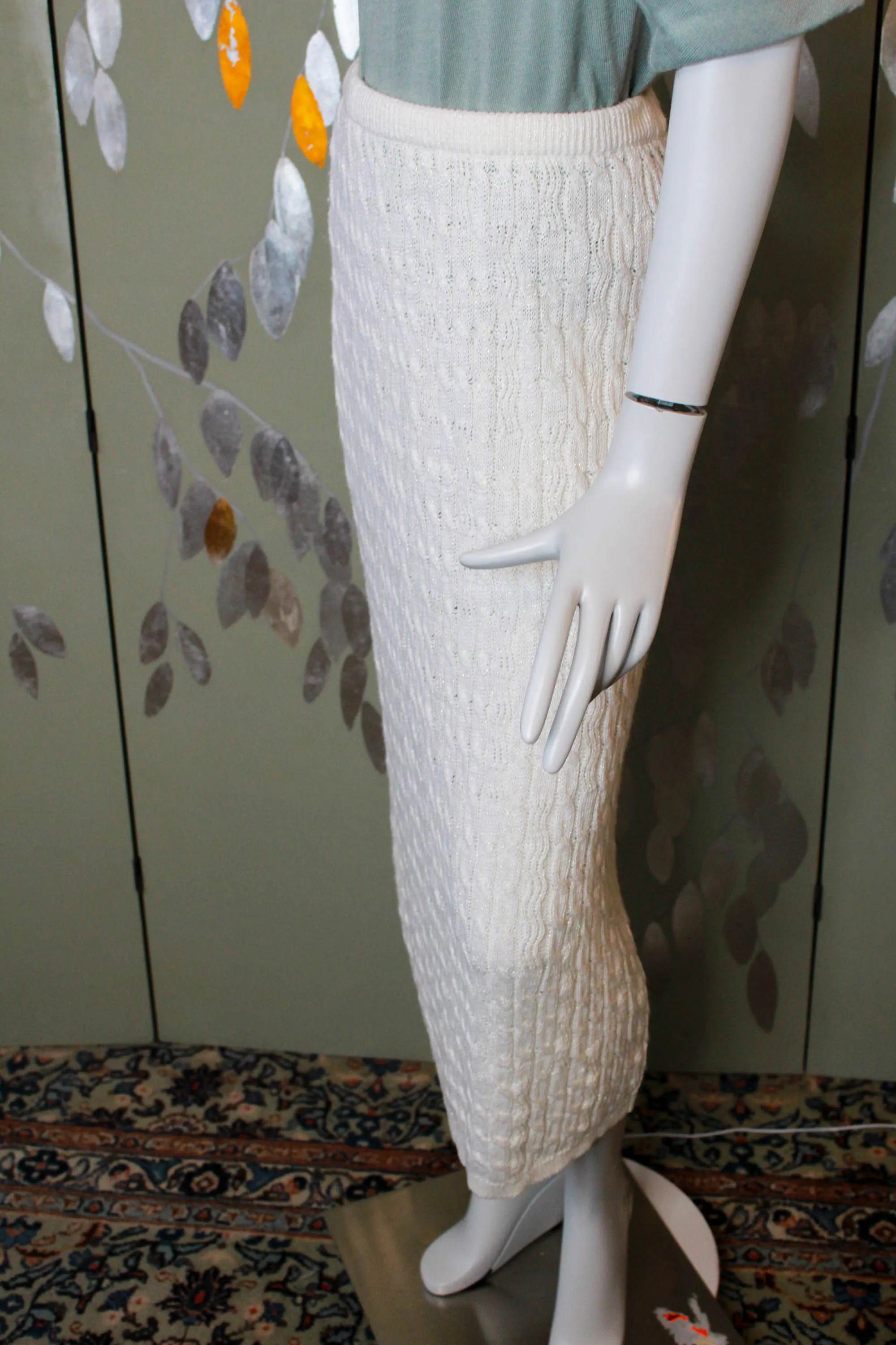 80s Sparkly White Knit Pencil Skirt, Waist 26"-30"