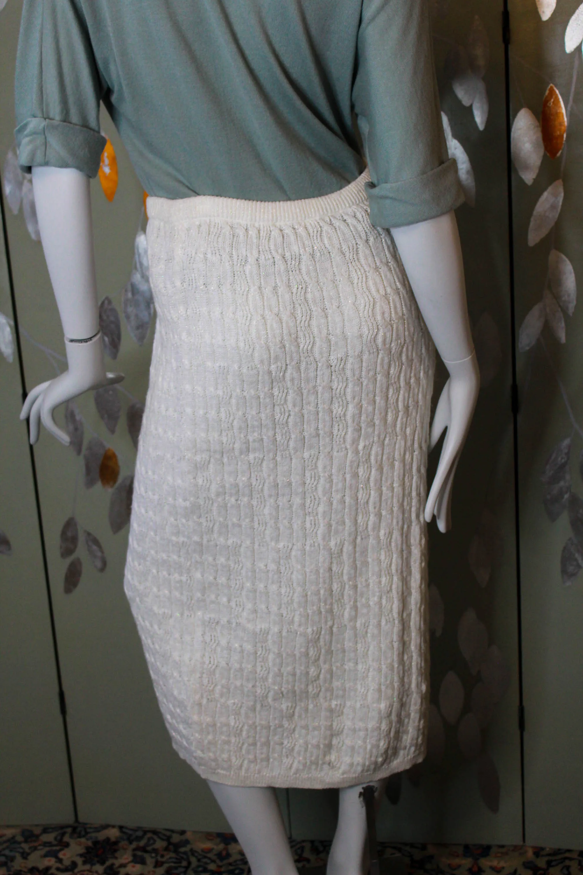 80s Sparkly White Knit Pencil Skirt, Waist 26"-30"