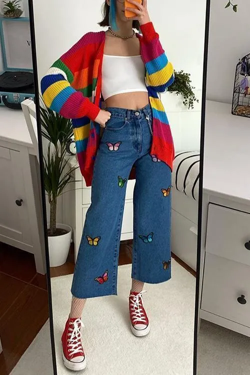 Butterfly Embroidery Wide Leg Jeans