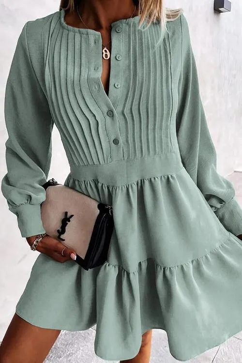 Button Layered Long Sleeve Mini Dress