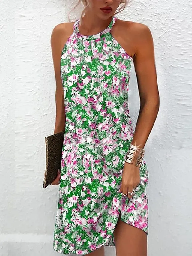 Floral Print Sleeveless A-Line Summer Dress with Halter Neck