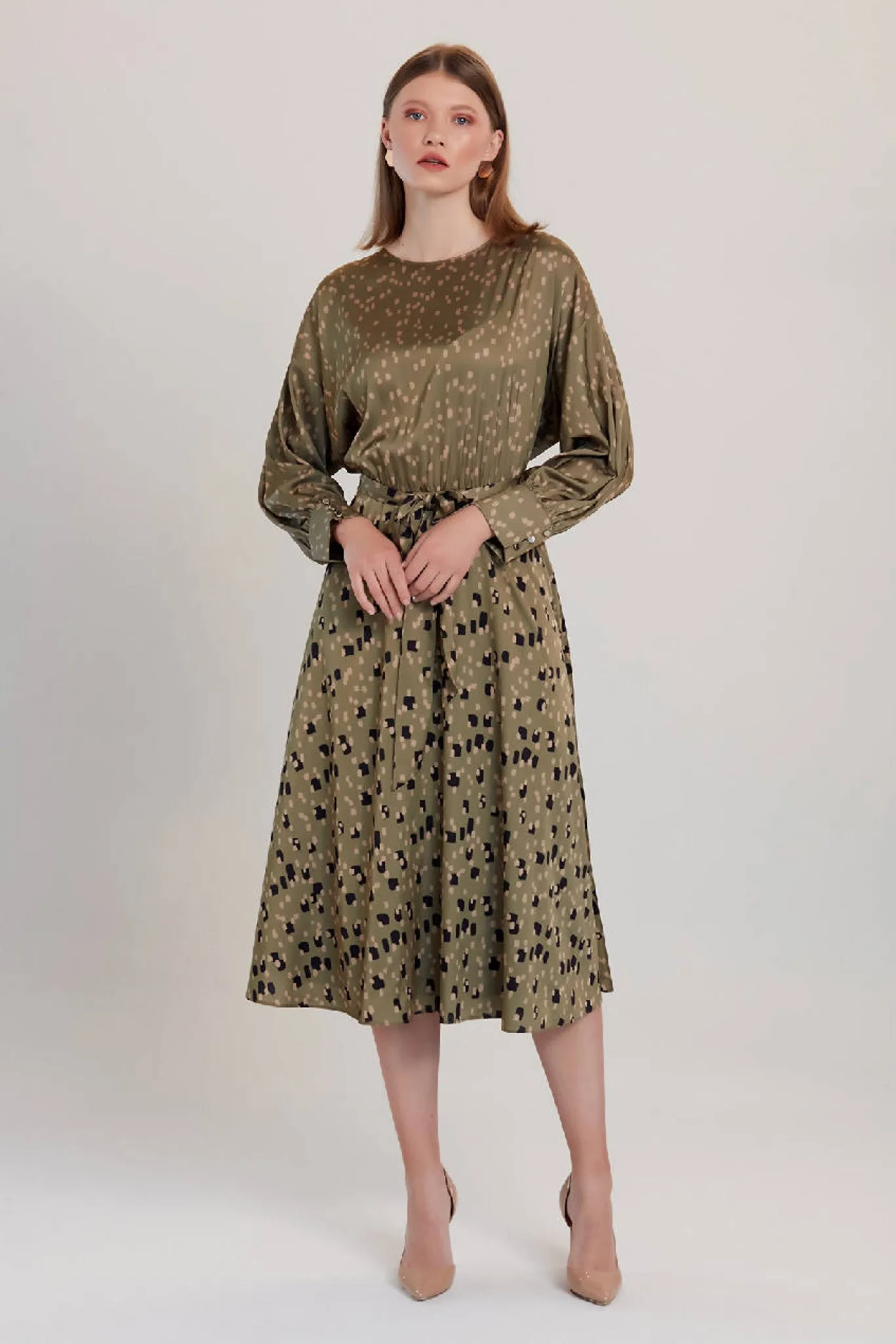 Love And Joy London Khaki Dalmatian Print Midi Dress