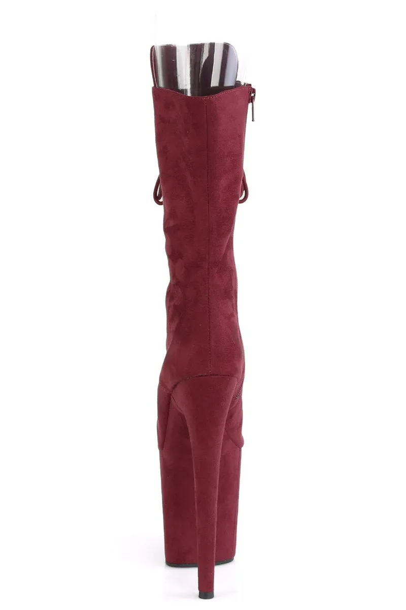 Pleaser USA Flamingo-1051FS Faux Suede 8inch Peep Toe Pleaser Boots - Burgundy